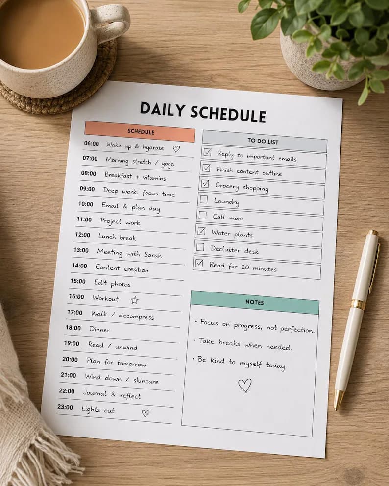 A daily planner sheet and coffee on a desk: a fixed working rhythm designed for solo dev plus AI collaboration