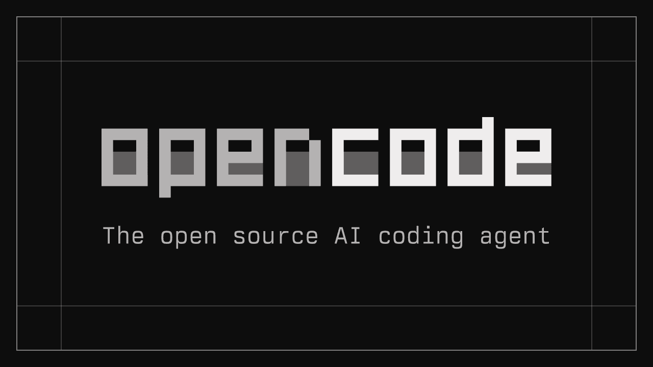 Official OpenCode brand image: pixel-style 'opencode' wordmark with the tagline 'The open source AI coding agent' on black