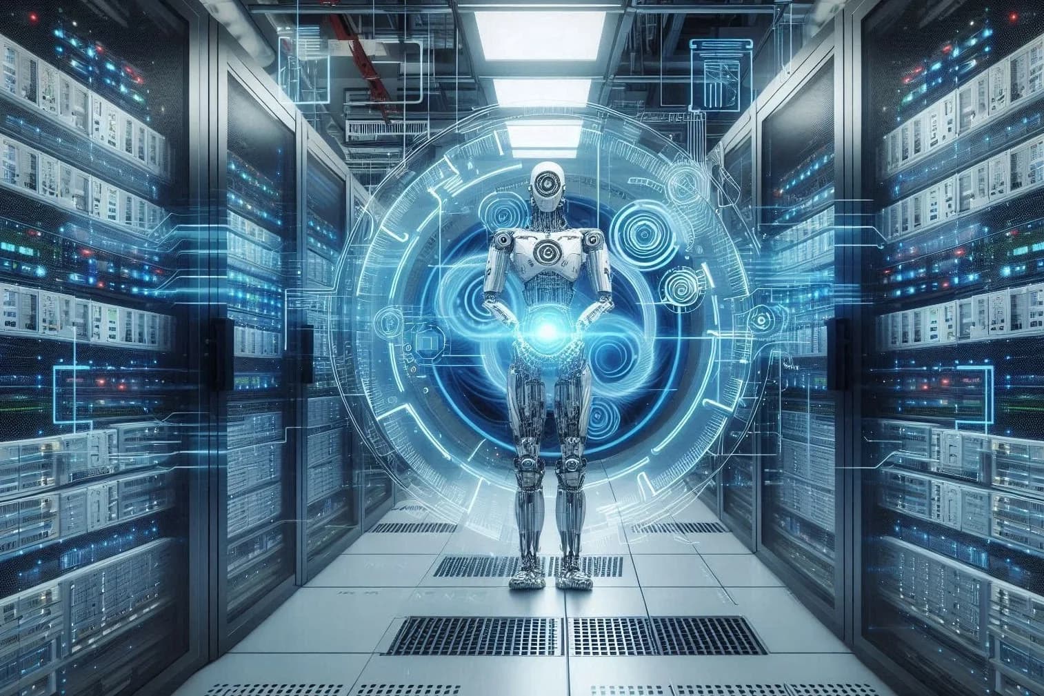 Concept art of an AI robot in a data center: judging agents by final database state, not by what they say