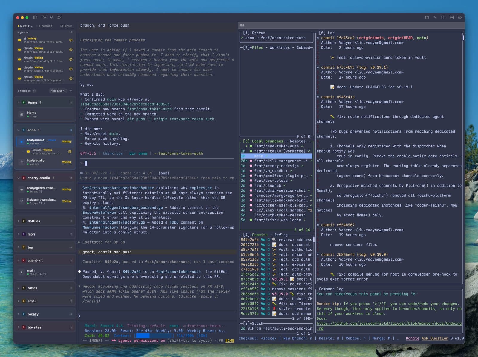 Screenshot of a developer's coding-agent workflow with lazygit: AI agents committing and pushing git branches