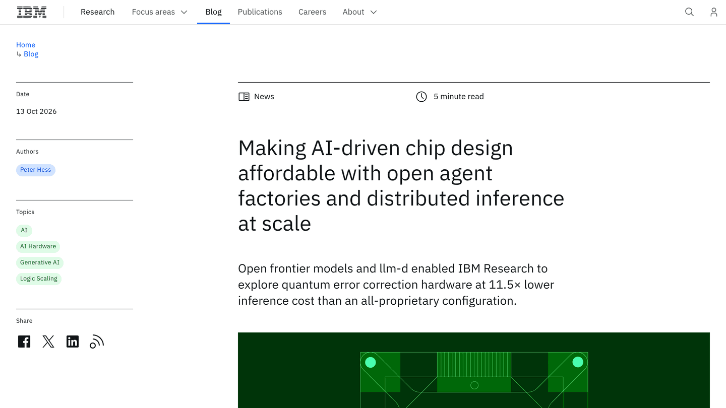 Screenshot of the IBM Research blog post titled 'Making AI-driven chip design affordable with open agent factories and distributed inference at scale'