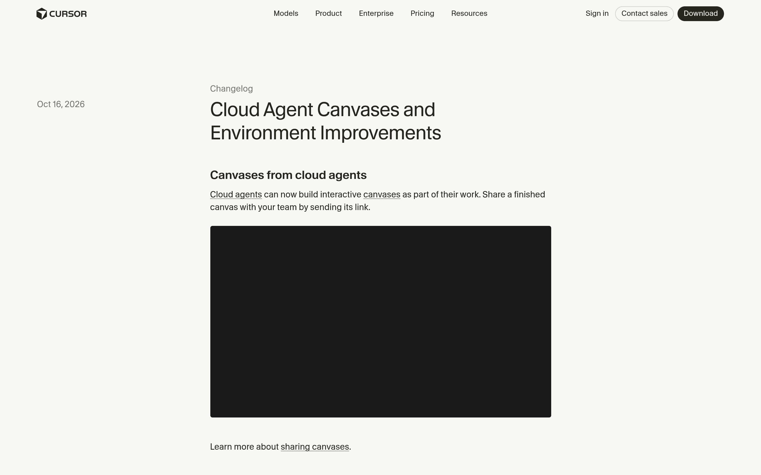 Screenshot of Cursor's official changelog page: October 16, 2026 update 'Cloud Agent Canvases and Environment Improvements'