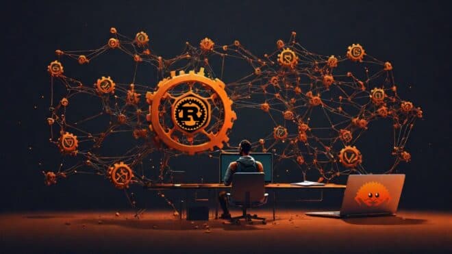 Illustration of 2,000 AI agents collaboratively rewriting the Prime Agent codebase from TypeScript to Rust