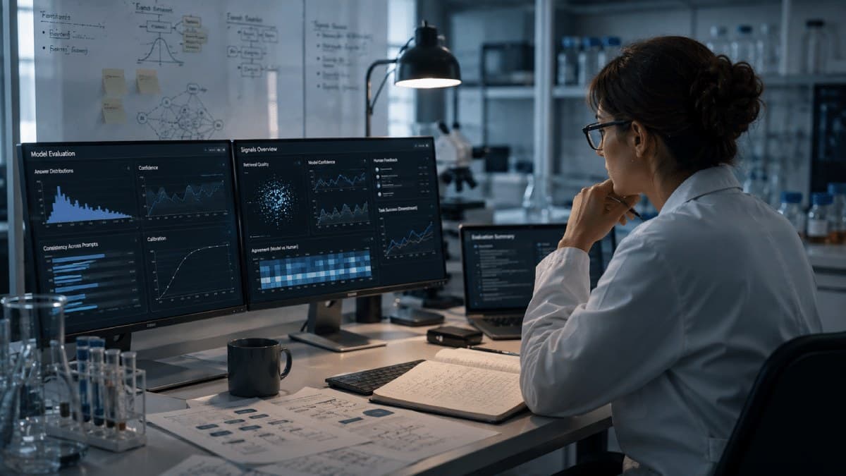 Researcher reviewing AI model evaluation dashboards; Mercor's Benchmark Map finds 90% of US work hours lack benchmark coverage