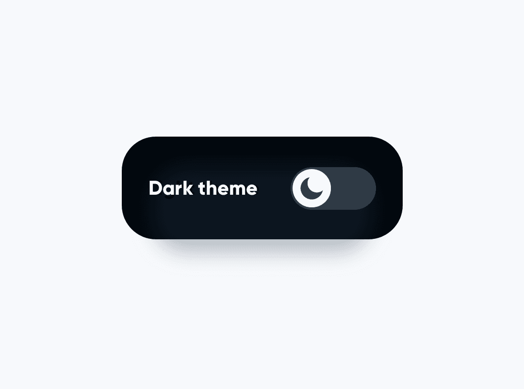 深色模式切换开关 UI 示意图:深色胶囊按钮标有"Dark theme",带月亮图标开关