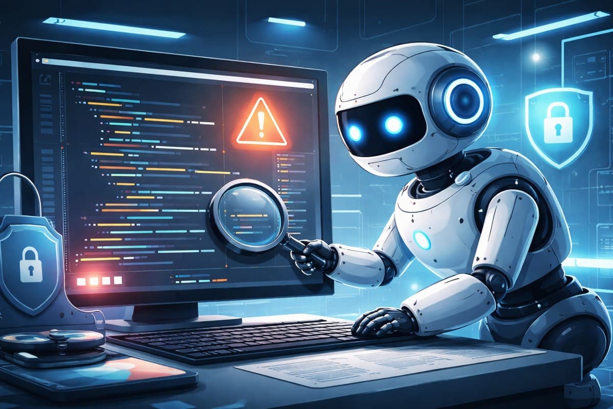 An AI robot inspecting code on a screen with a magnifying glass, with security warning and shield icons