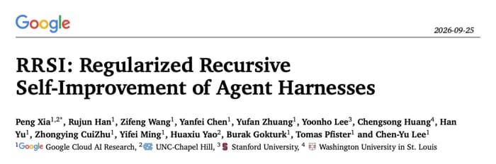 RRSI paper: regularized recursive self-improvement of agent harnesses, evolve score vs OOD generalization
