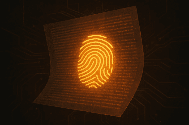 文档上浮现的发光指纹图案,示意 AI 文本的隐形水印与出处追溯