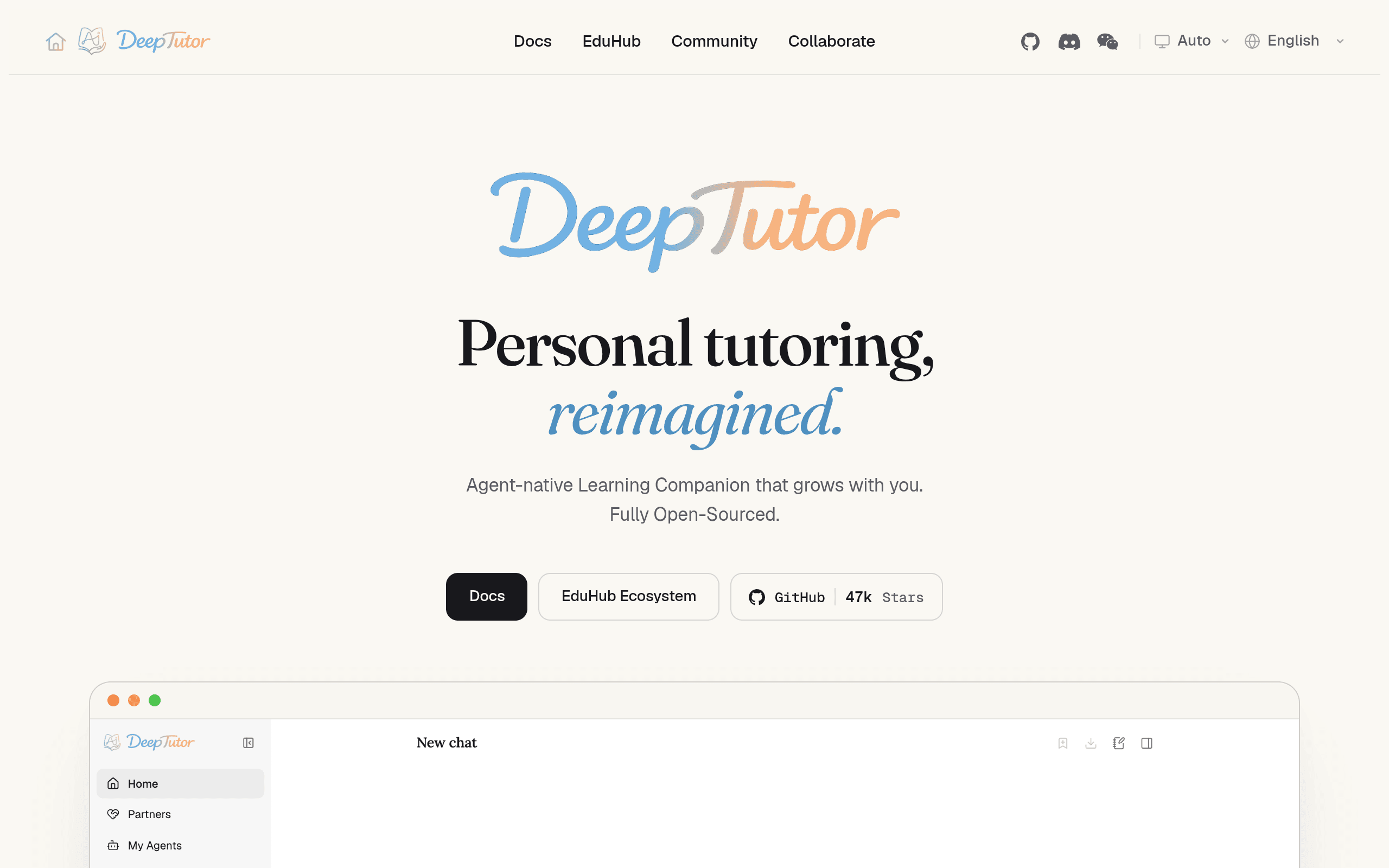 Screenshot of the DeepTutor official site deeptutor.info (captured Oct 28, 2026), showing its GitHub 47k Stars badge and app UI preview