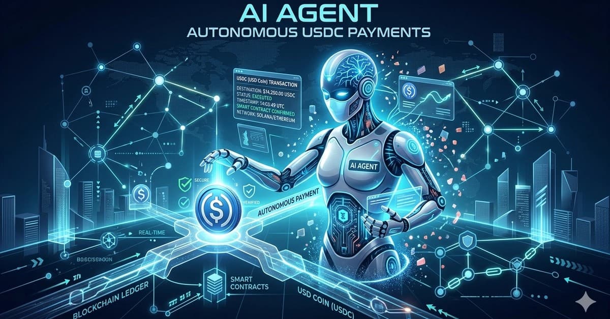 Concept illustration of an AI agent initiating autonomous digital payments with a dollar stablecoin