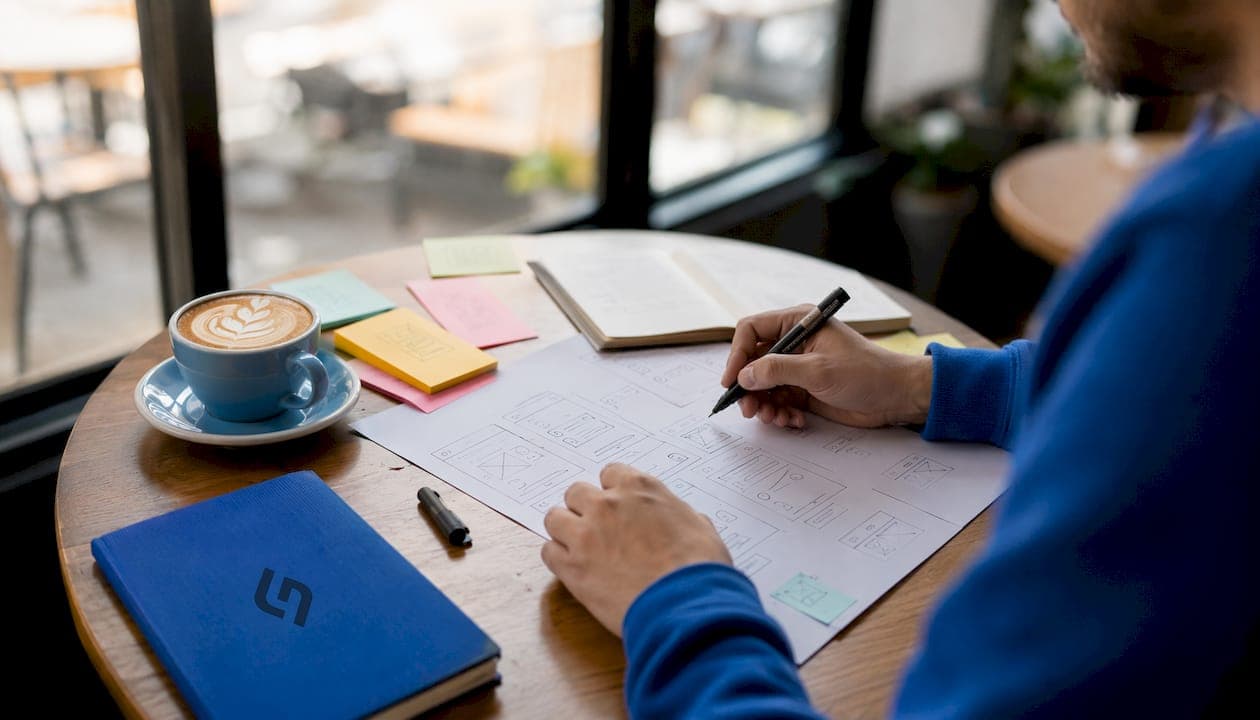 Photo of UX design sketches and wireframes on a desk, representing interface design work