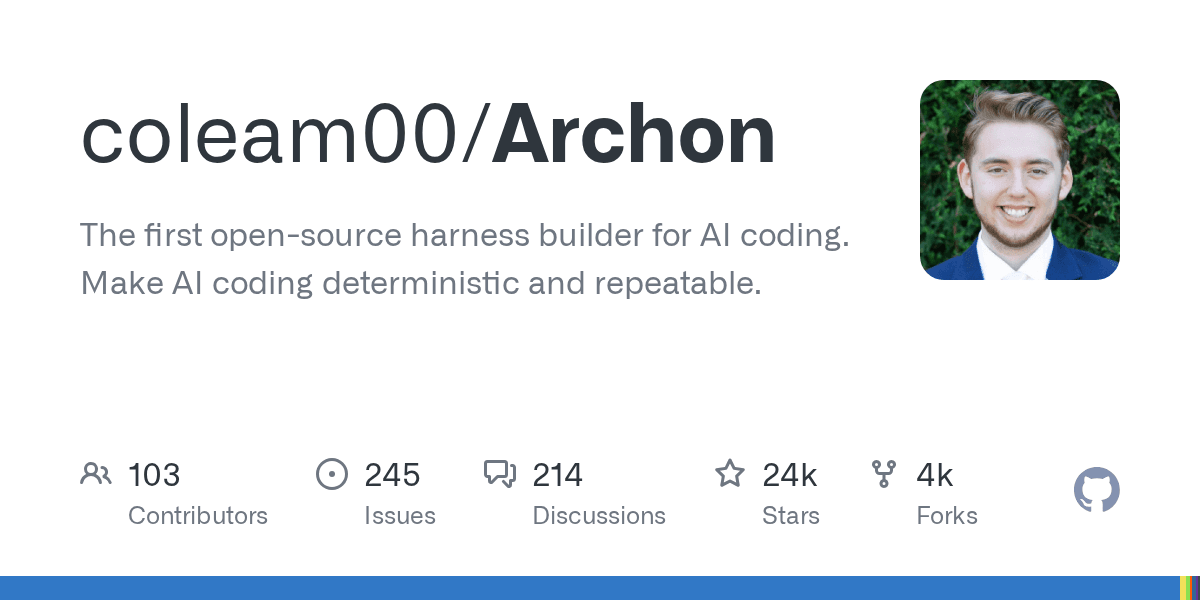 Official GitHub repository card for coleam00/Archon: 'The first open-source harness builder for AI coding' with 24k stars and 4k forks