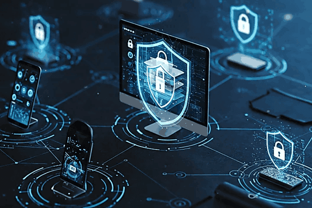 Anti-fraud cover art: shield and network security motif