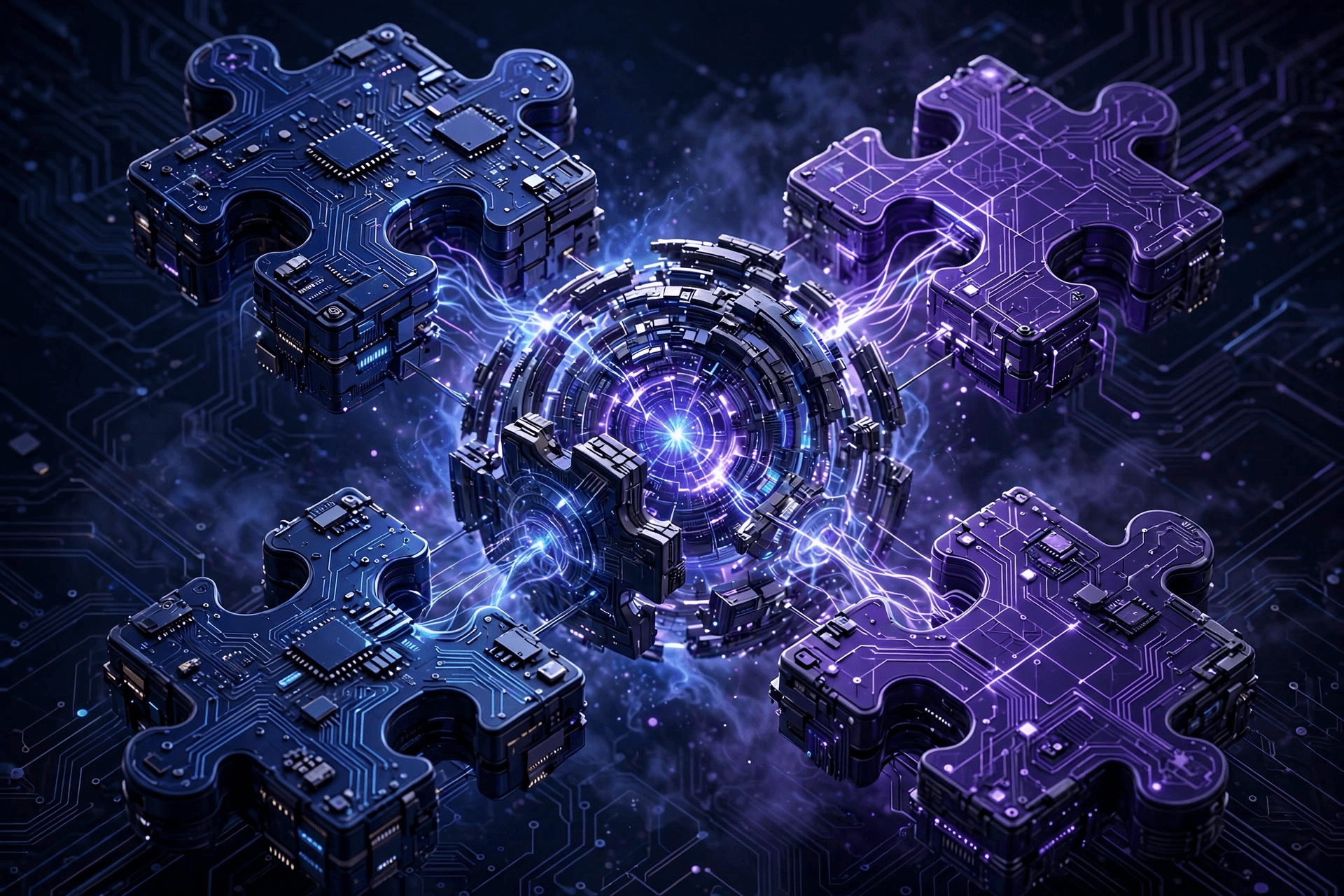 概念封面:深色背景下拼图状技能模块接入发光的 AI 核心