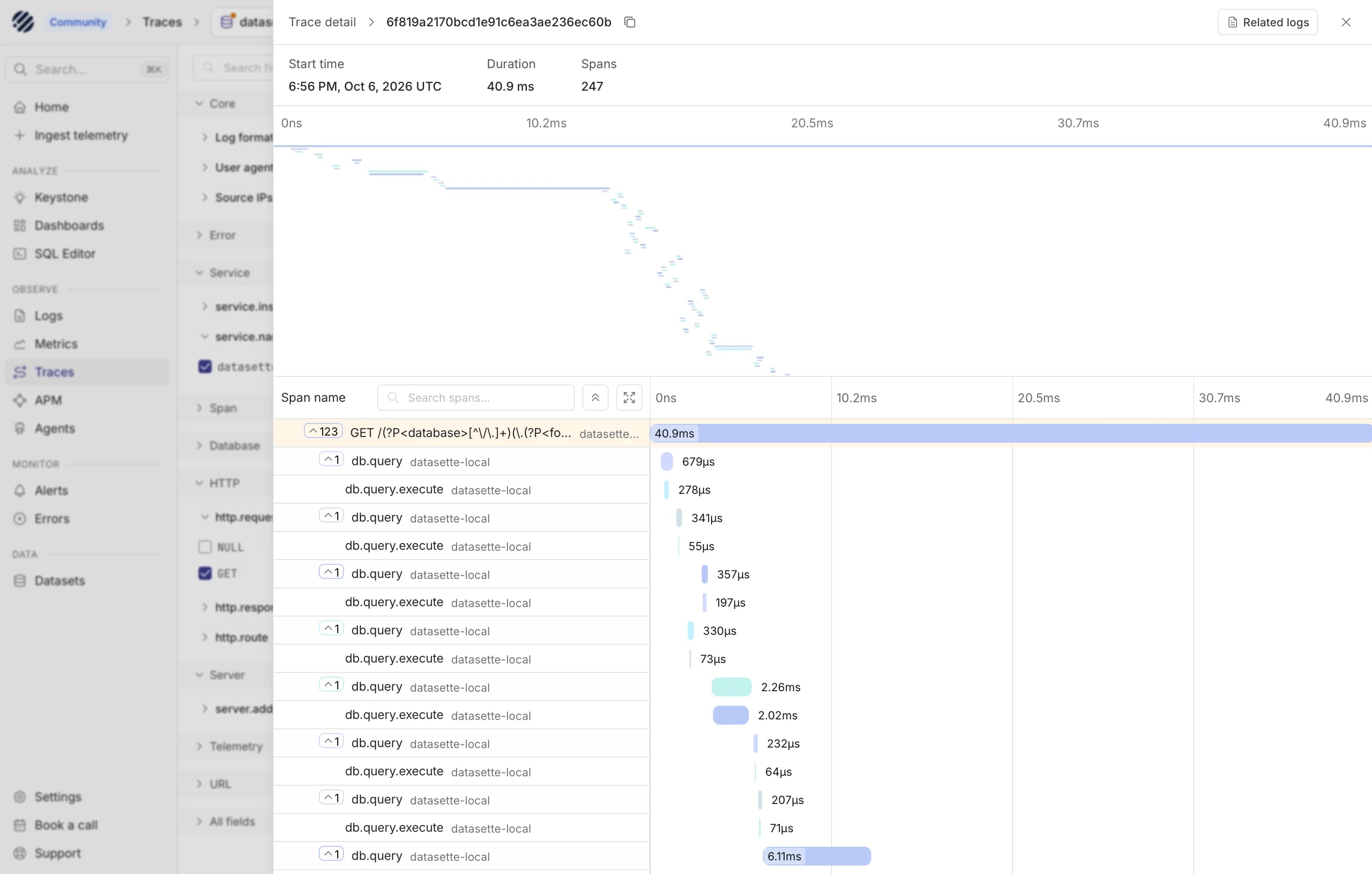 Parseable 可观测性平台的 trace 瀑布流界面