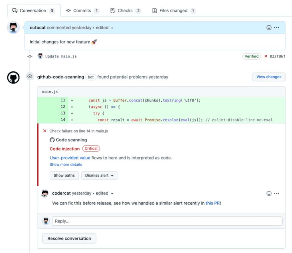 Screenshot of GitHub code scanning findings shown in a pull request Conversation tab