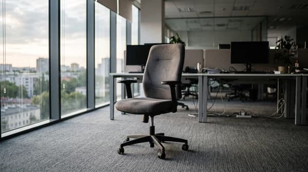 A real photograph of an empty office chair in an empty office, illustrating a departed user; not a staged brand image