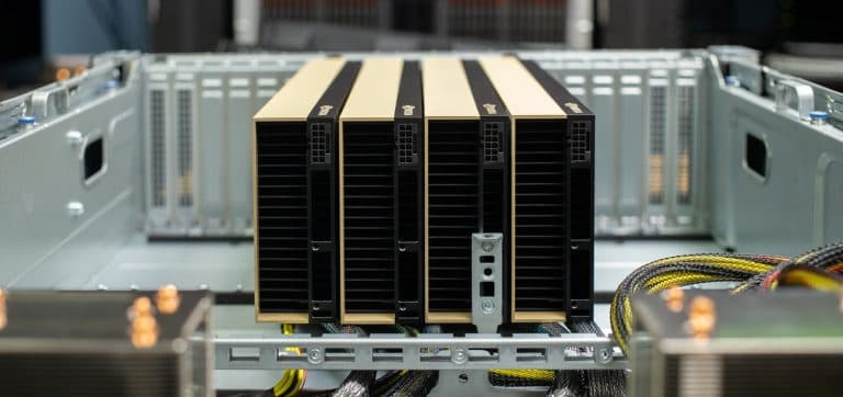 GPU server with AI accelerators installed, representing the compute cost behind model fine-tuning
