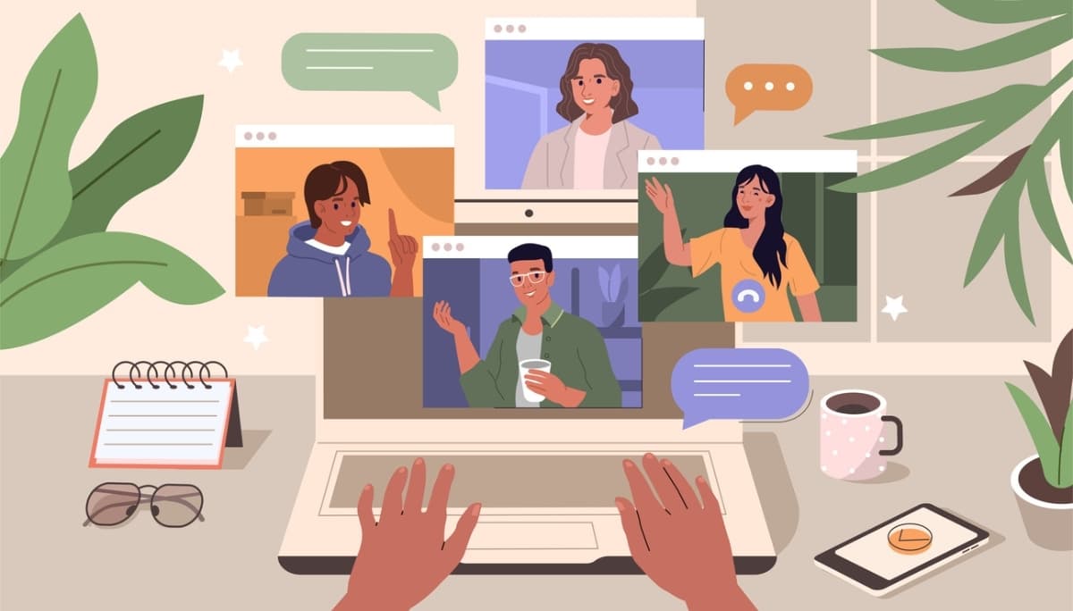 Editorial photo of realtime collaboration: people connected over a live video call, symbolizing realtime connection