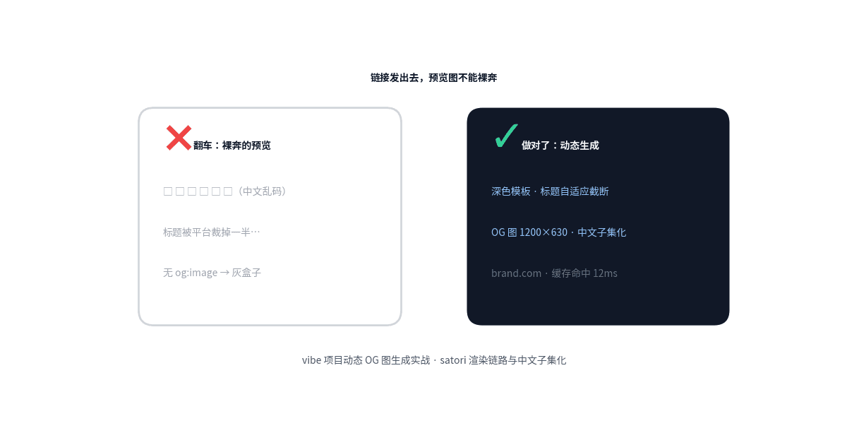 题图:左侧翻车的分享预览(中文乱码、标题被裁、无图灰盒子)与右侧做对了的深色动态 OG 卡片对照