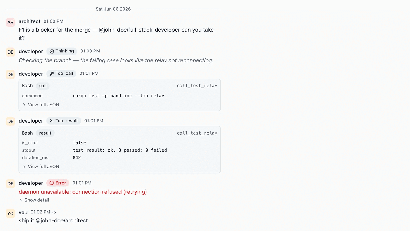 BAND for Developers room interface: multiple coding agents collaborating on a shared plan and board inside one room