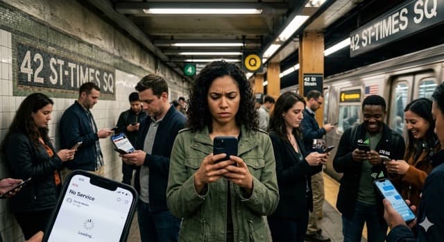 A commuter using a smartphone on the subway — the exact weak-network scenario where offline-first design matters