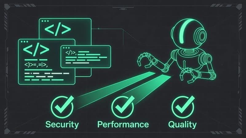 深色背景上的绿色霓虹插画:机器人检查代码窗口,下方是 Security、Performance、Quality 三个对勾
