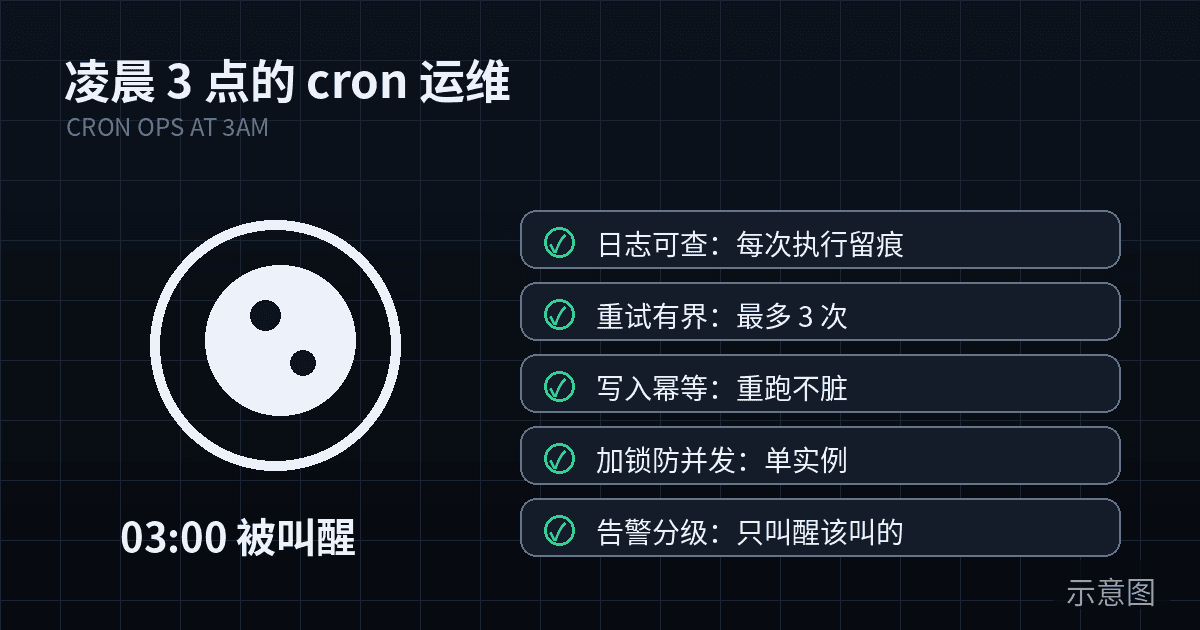 一人团队 cron 定时任务运维实战指南封面:凌晨机房服务器与告警手机示意图