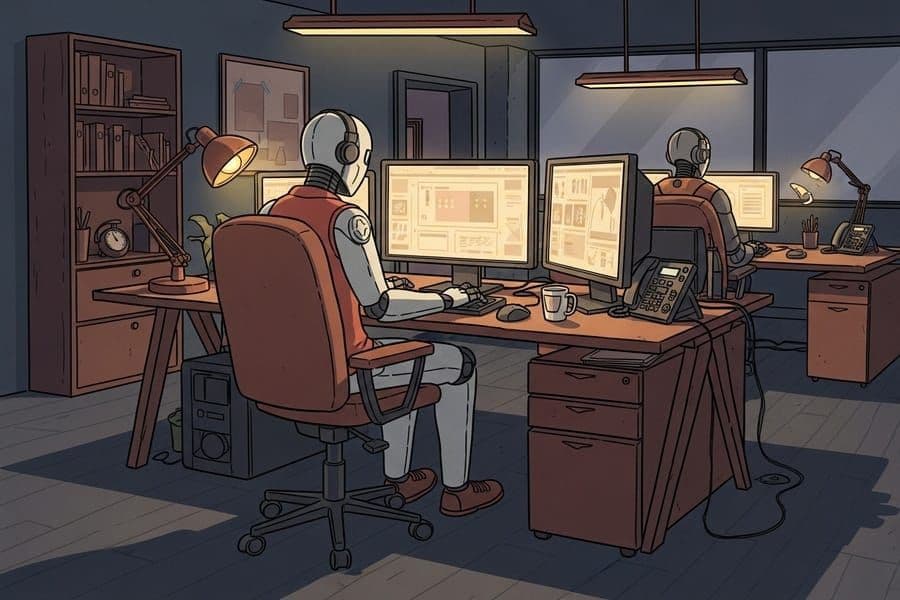深夜办公室里两个机器人在电脑前工作的插画