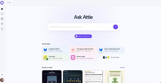 Screenshot of Bluesky Attie's 'Ask Attie' builder interface showing starter ideas and popular creations (Image: Bluesky, via TechCrunch)