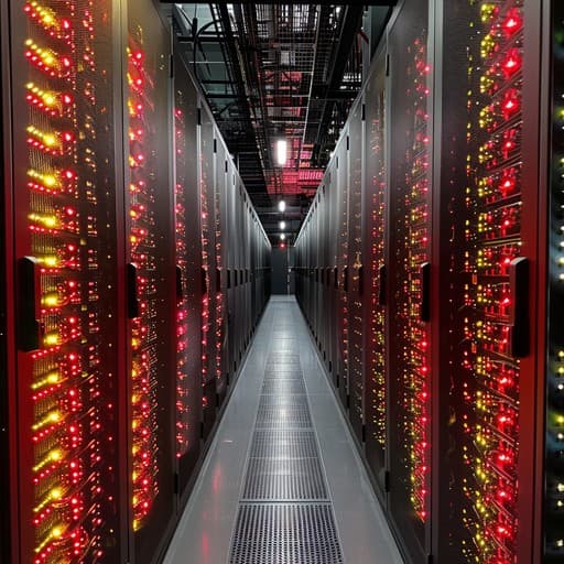 数据中心走廊两侧机架灯光闪烁的实拍照片,并非 Akamai 设施实拍