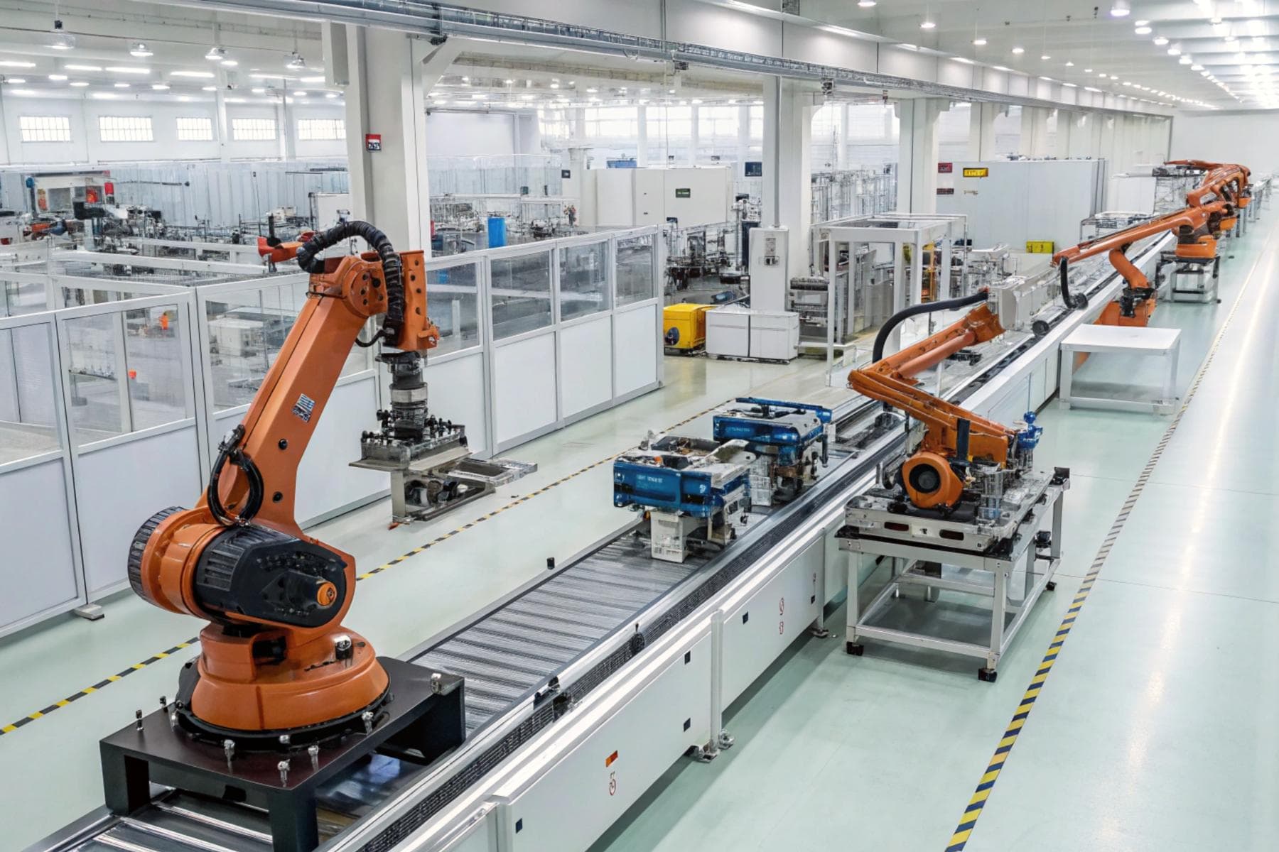 Orange industrial robot arms work along an assembly line in a bright modern factory. Generic factory stock photo, not a photograph of an Arda or Anduril production site.