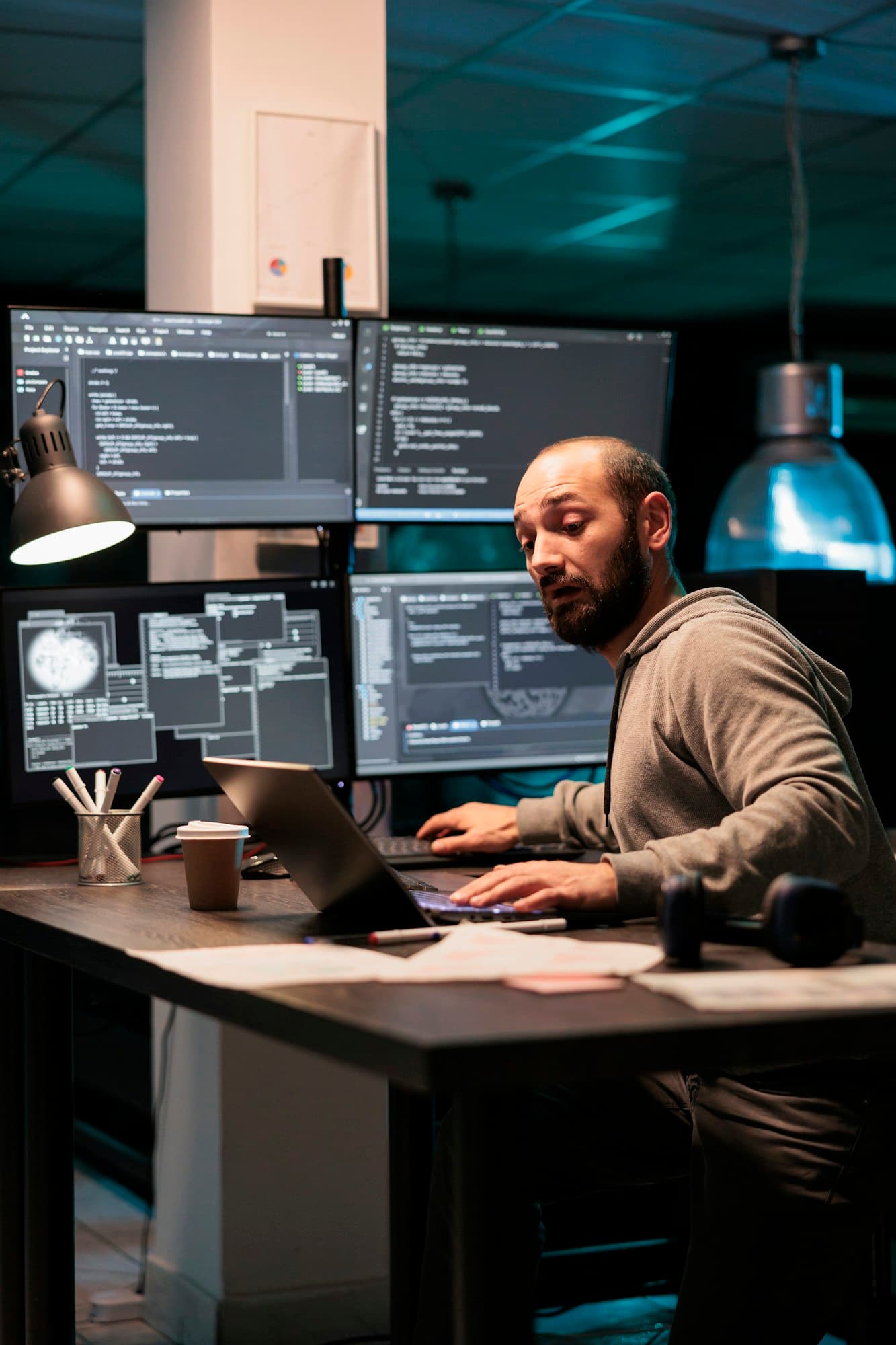 A real photograph of a developer working at night in front of multiple monitors showing code; it is not an official Anthropic interface screenshot.