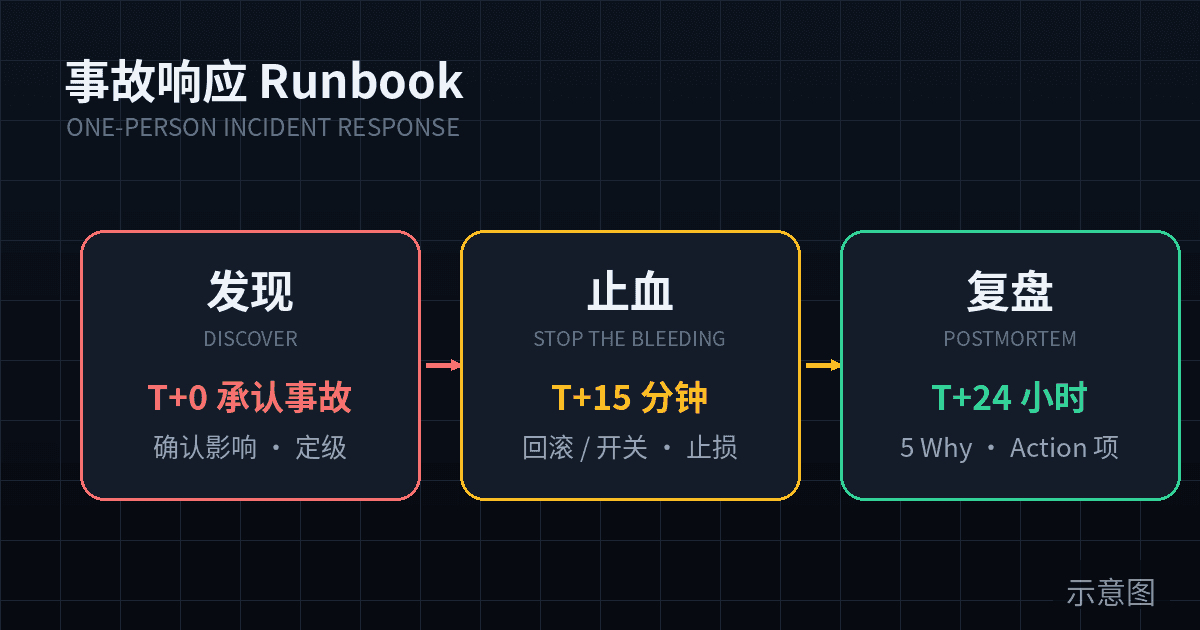 Illustration of a solo developer following an incident runbook after a 3 AM production alert on their phone