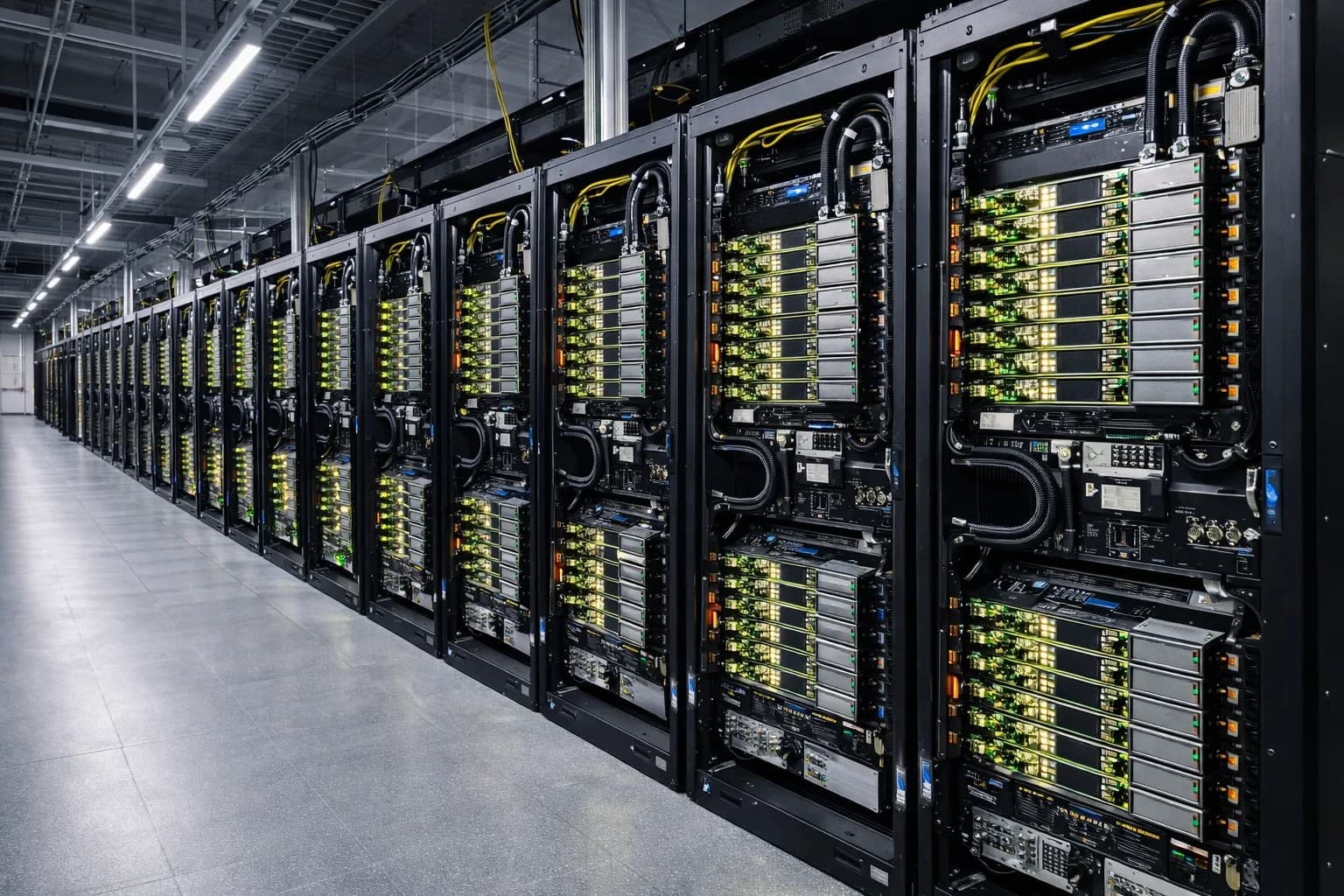 大型 AI 数据中心 GPU 服务器机架实拍,象征 Agentic MaaS 背后的算力基础设施