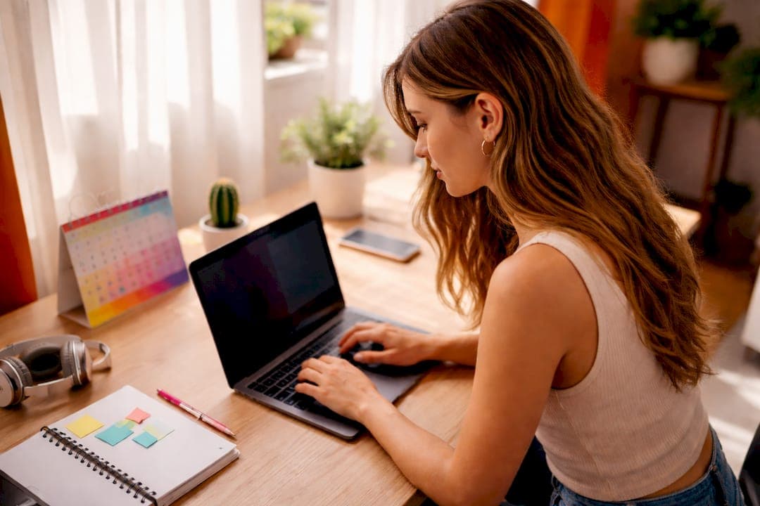 A real photograph of a woman typing on a laptop in a bright room; it is not a screenshot of a moderation dashboard.