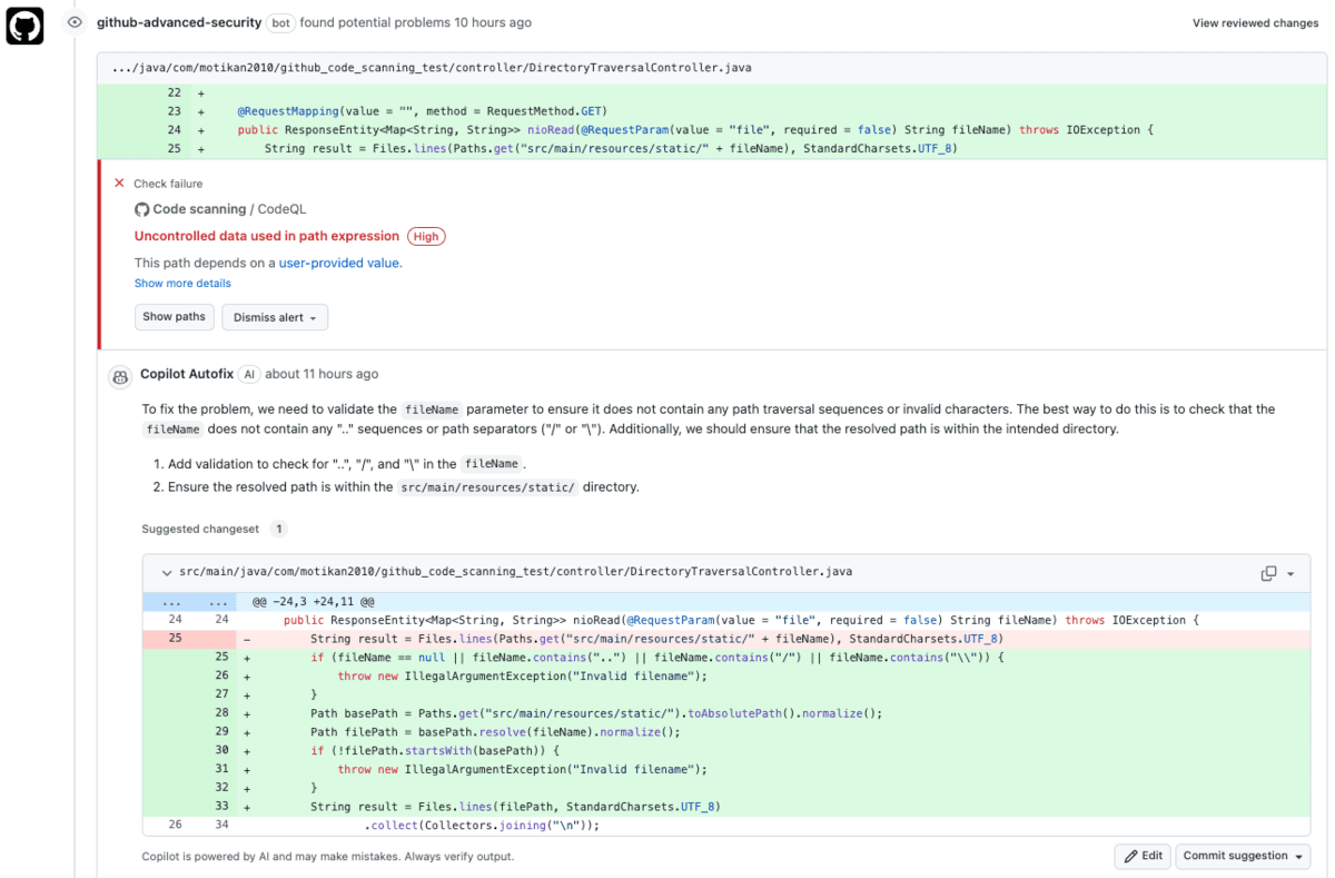 Real product screenshot: Copilot Autofix suggesting a fix for a CodeQL path-traversal alert