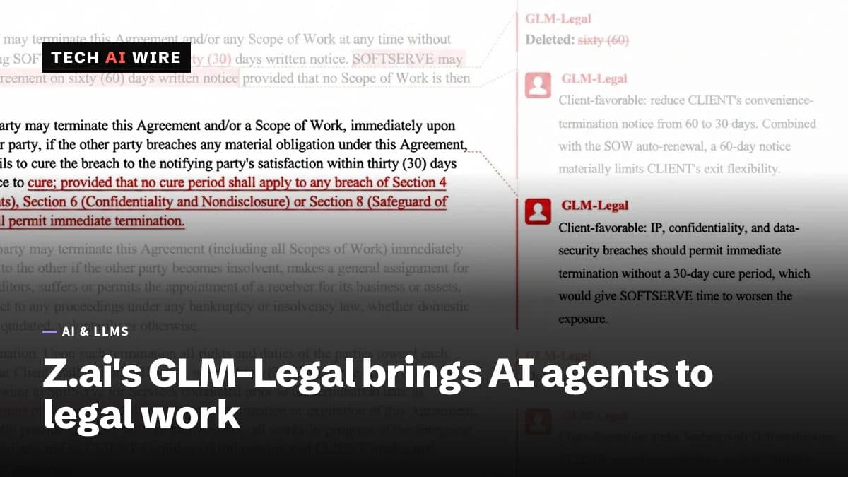 Z.ai GLM-Legal 演示图:合同终止条款被标红修订,旁边有 GLM-Legal 的批注,展示法律 agent 的合同审查能力
