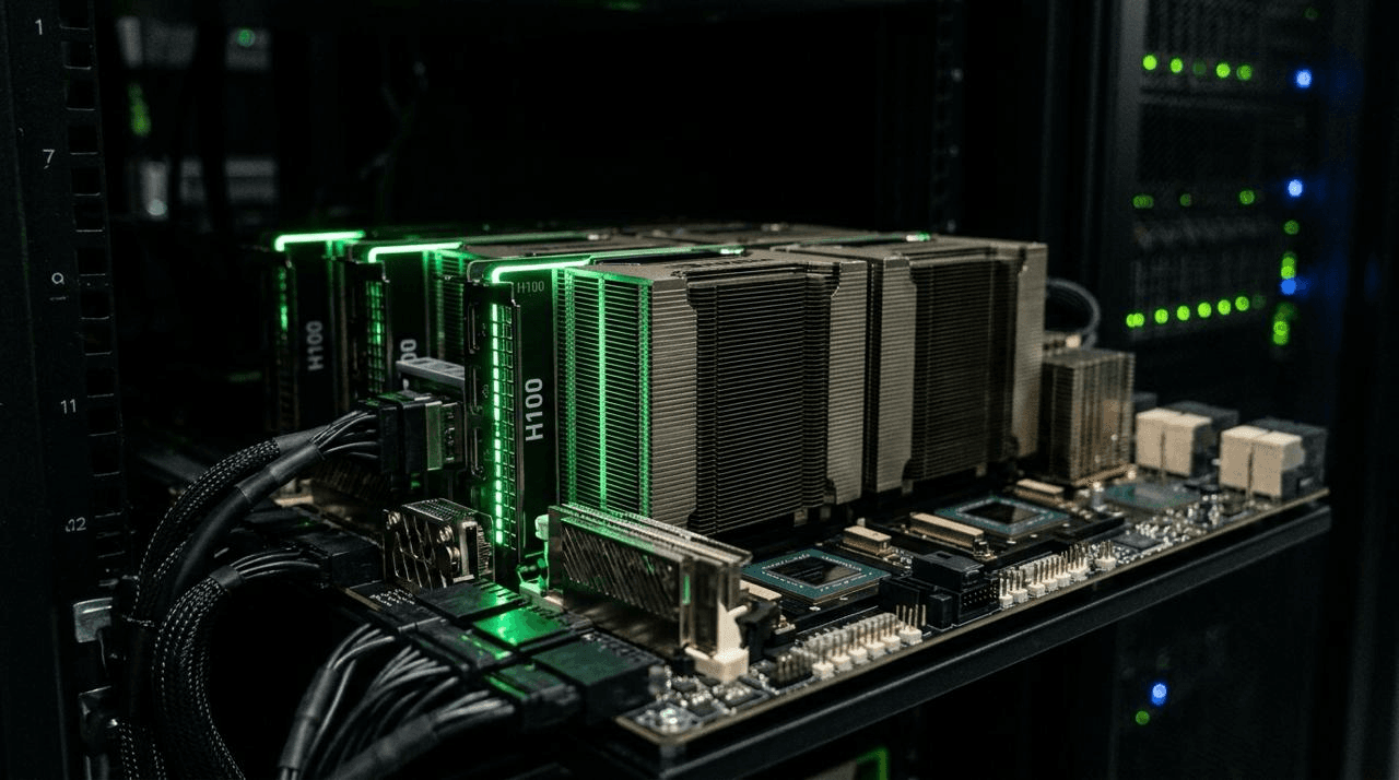 实拍:机架服务器中加电的 NVIDIA H100 GPU,绿色指示灯亮起