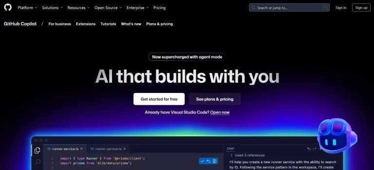GitHub Copilot 官网首页截图:「AI that builds with you」标语与 agent mode 宣传横幅