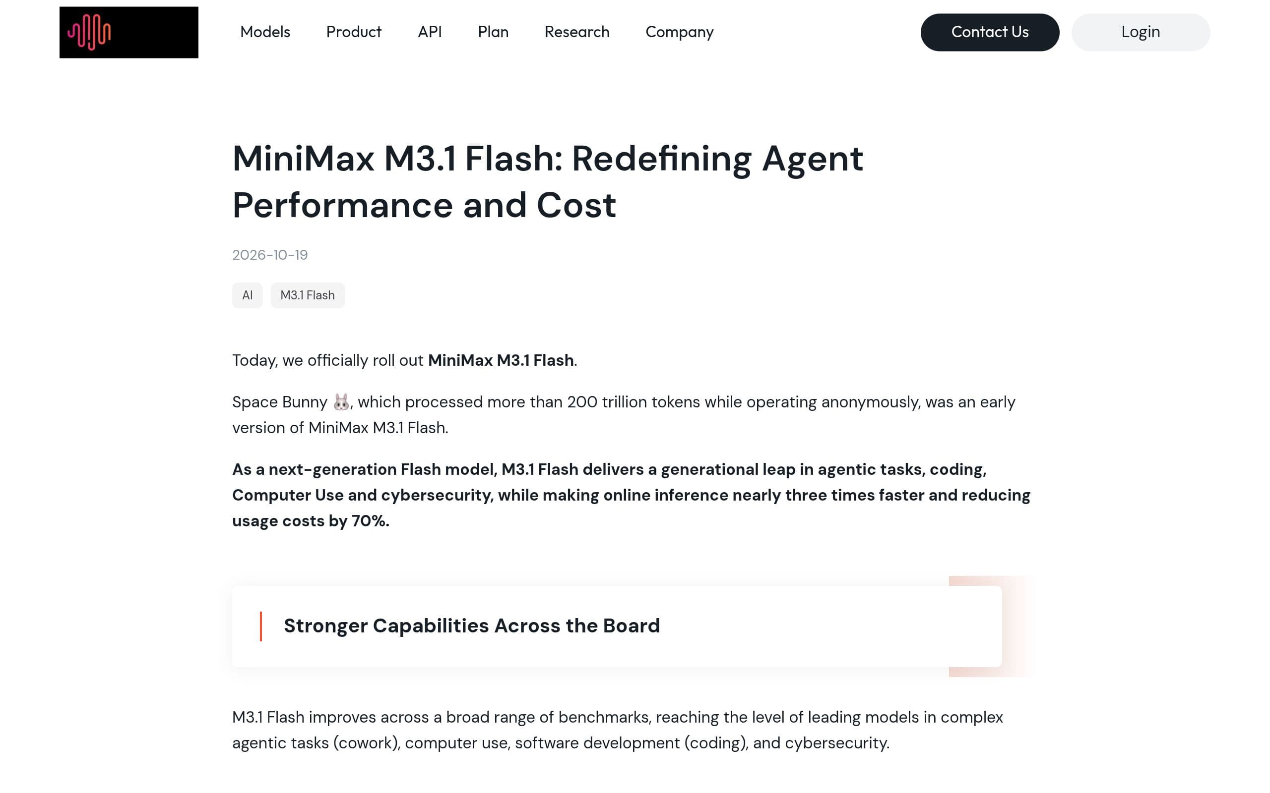 MiniMax official blog announcement page for M3.1 Flash (dated 2026-10-19), revealing the anonymous Space Bunny model