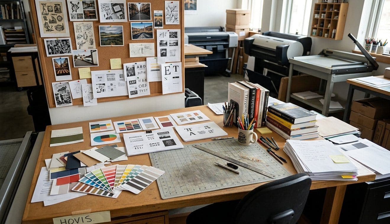A real photograph of posters and layout samples on display in a design studio, standing in for the template-trained material Craft is built for.
