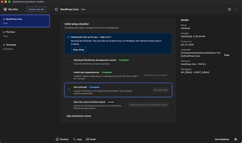 An official screenshot of the WordPress Contributor Toolkit 2.0 interface, showing the site list on the left and the initial setup checklist running a full build.