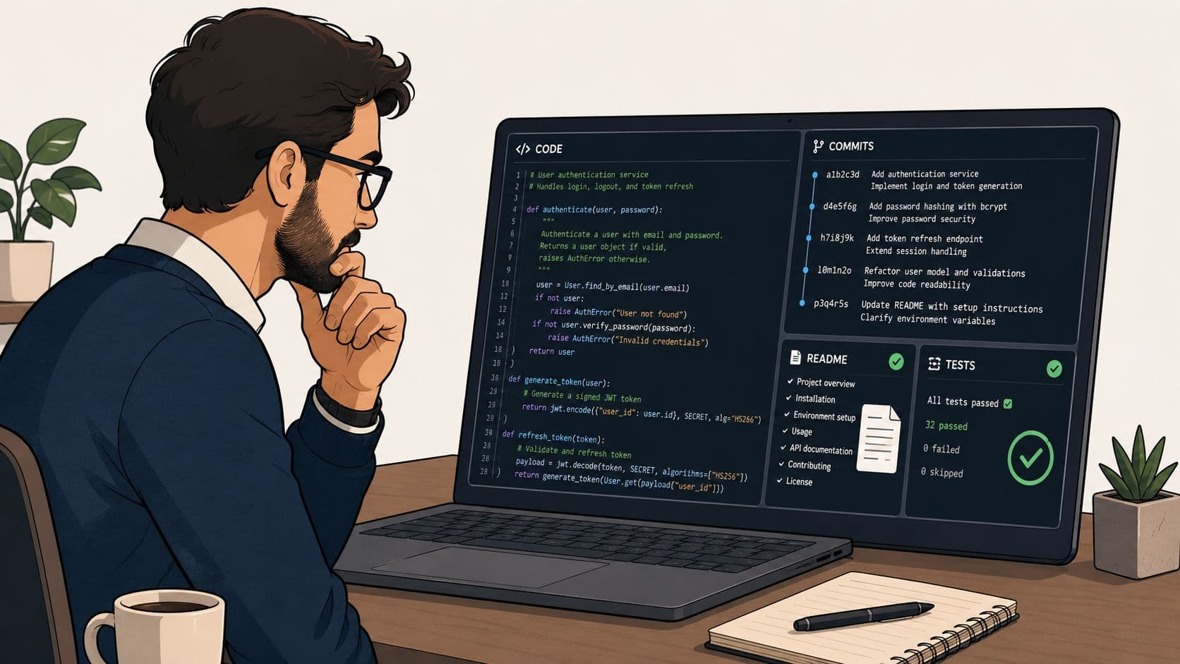 An illustration of a developer writing code on a laptop in an office; not a Claude Code official screenshot