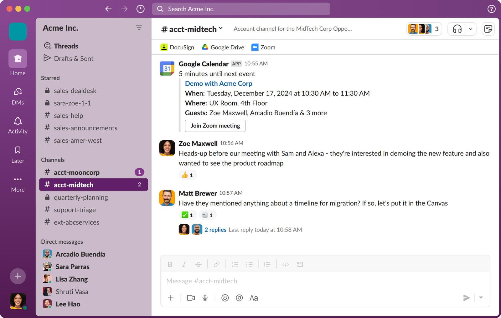 Screenshot of the Slack desktop interface showing a team channel — the kind of company Slack channel Mac's CFO agent mistakenly posted the bank audit into