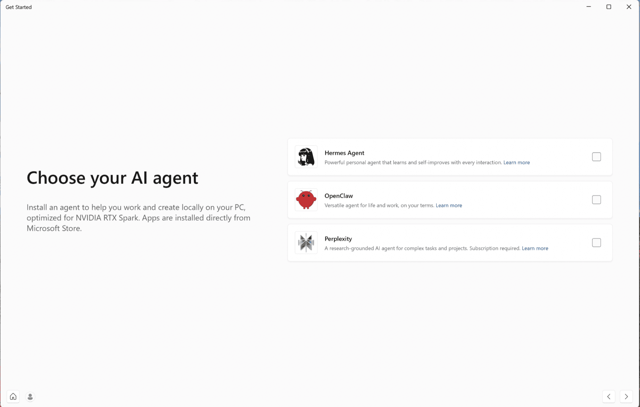 RTX Spark first-boot screen letting users choose a local AI agent: Hermes, OpenClaw, Perplexity and more.