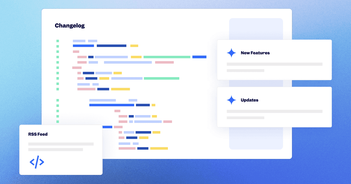 Illustration of a product changelog timeline page with a release announcement modal beside it