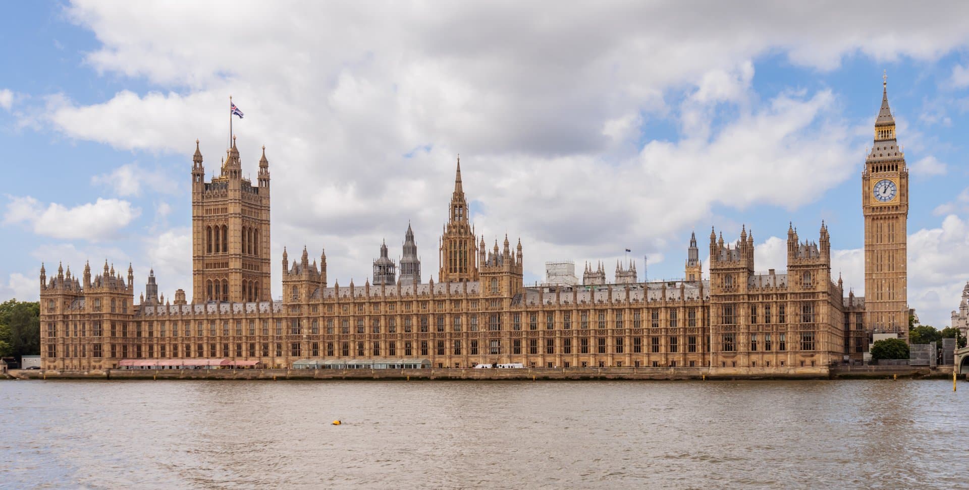 Photograph of the Palace of Westminster, Big Ben and Westminster Bridge seen from the south bank of the River Thames in London