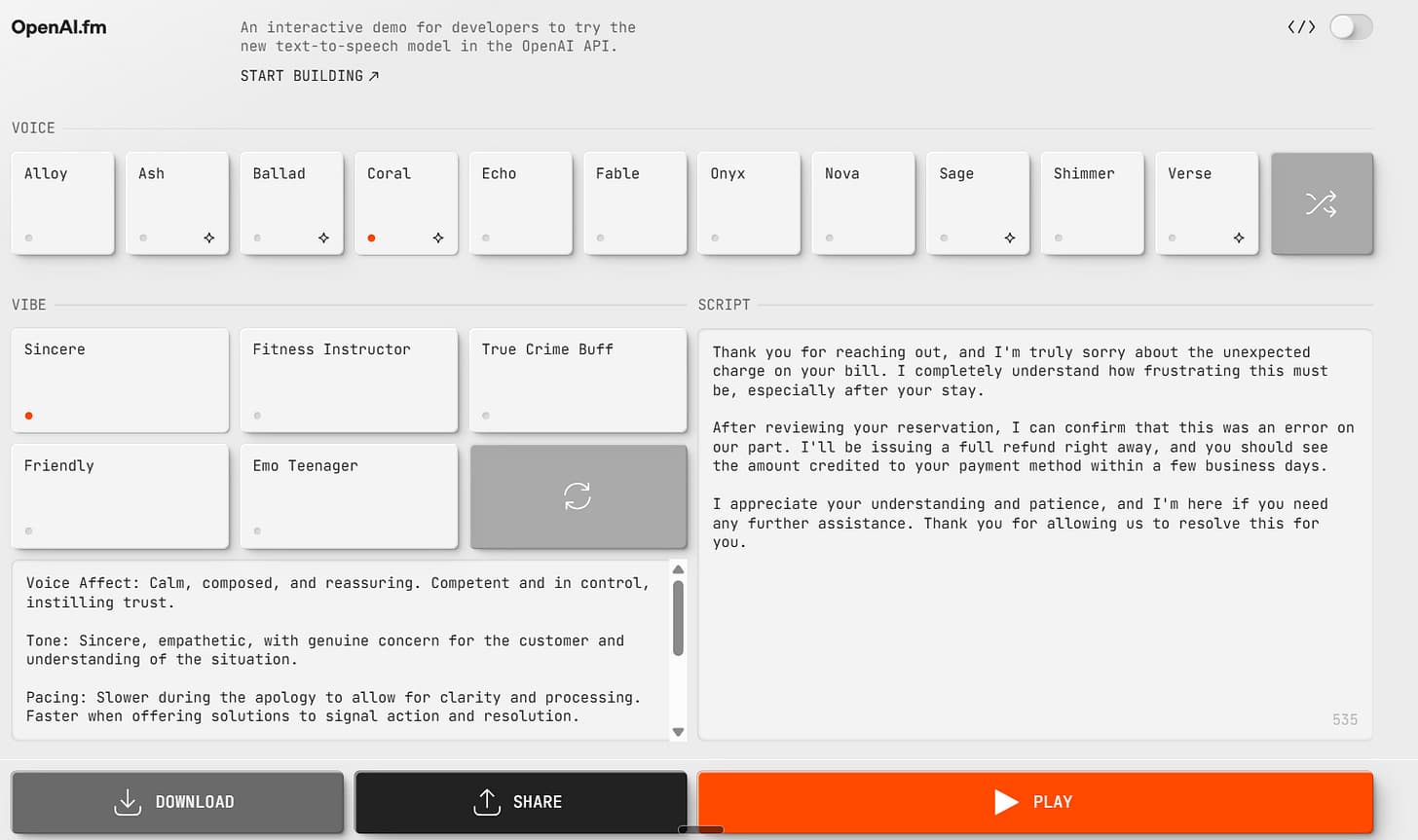 OpenAI.fm voice demo interface: preset voices on top, vibe and script panels shaping a voice from text — prompt-to-voice turns a voice into a prompt