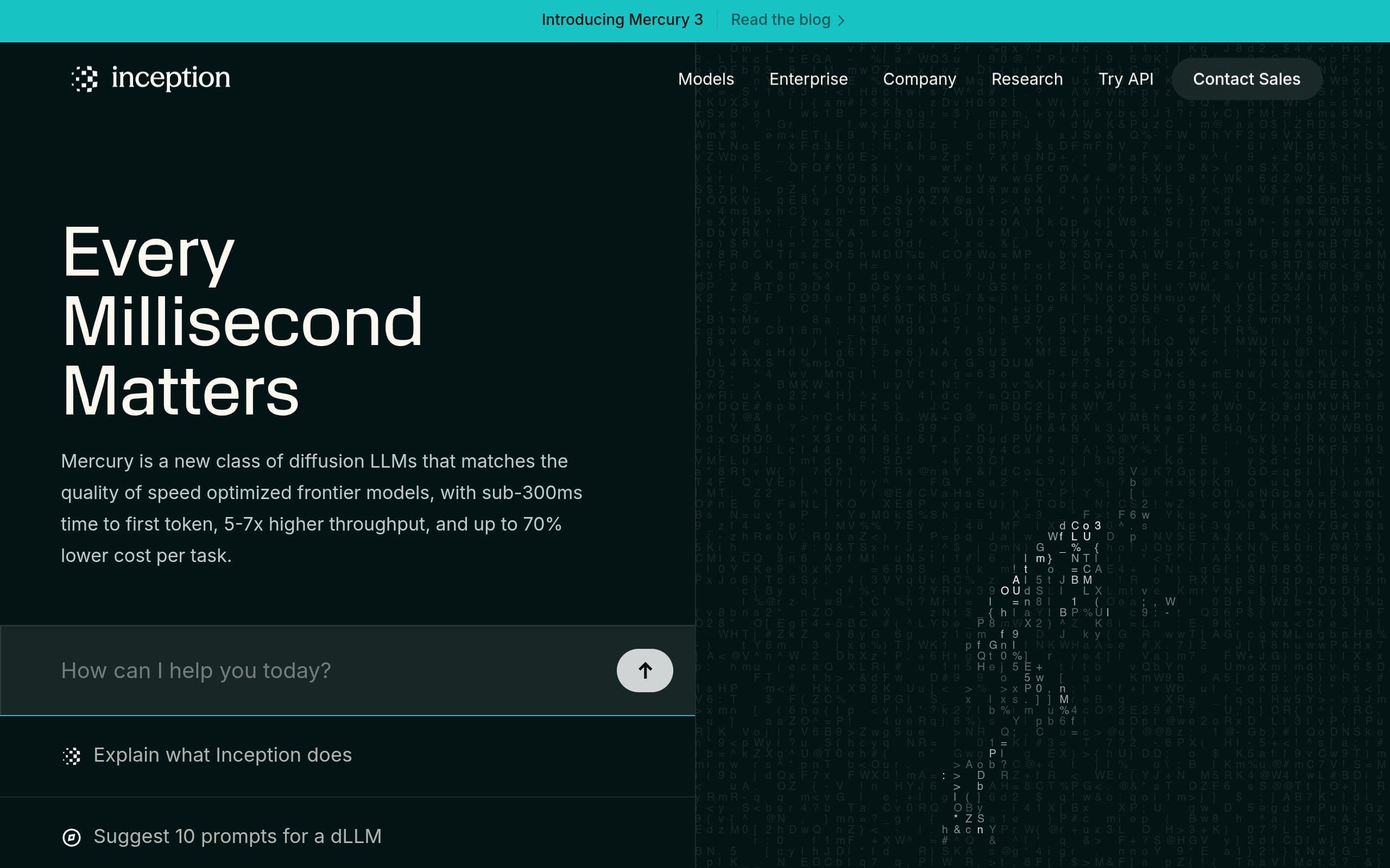 Inception Labs 官网首页截图,顶部横幅为 Introducing Mercury 3,主标题 Every Millisecond Matters